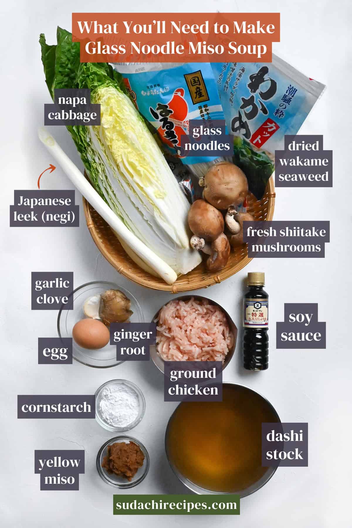 Ingredients needed to make glass noodle miso soup. From top to bottom, left to right: napa cabbage, glass noodles, dried wakame, Japanese leek, fresh shiitake, garlic clove, ginger root, soy sauce, egg, ground chicken, cornstarch, yellow miso, dashi stock