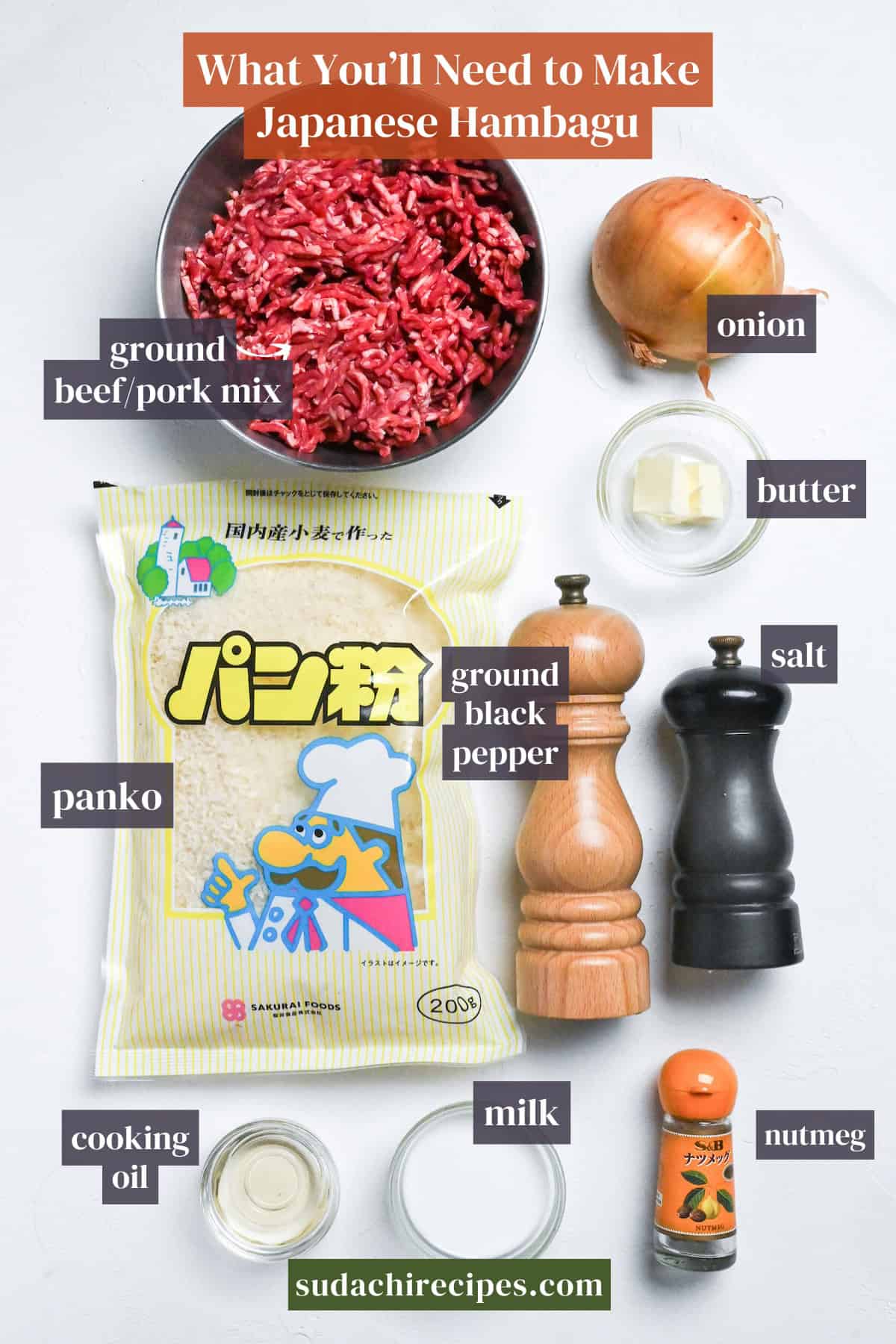 Ingredients needed to make Japanese hamburg. From top to bottom, left to right: ground beef/pork mix, onion, butter, panko, ground black pepper, salt, cooking oil, milk, nutmeg