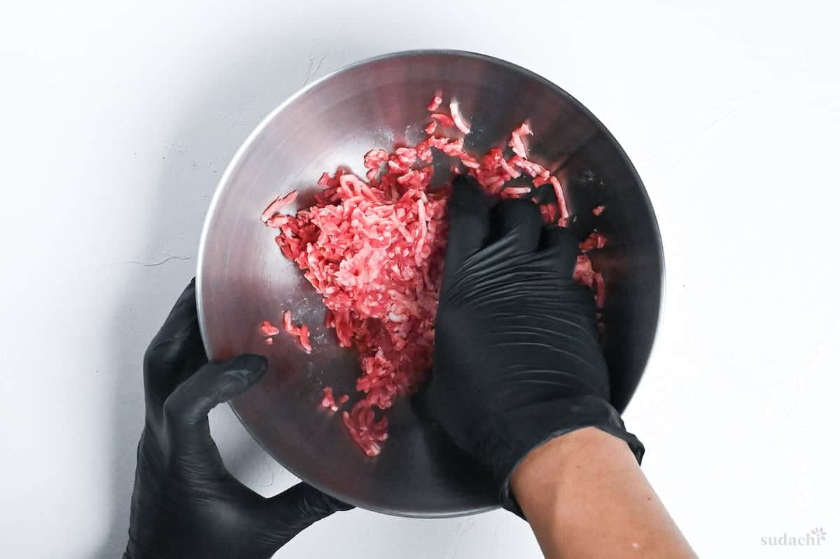 kneading ground meat for Japanese hamburg