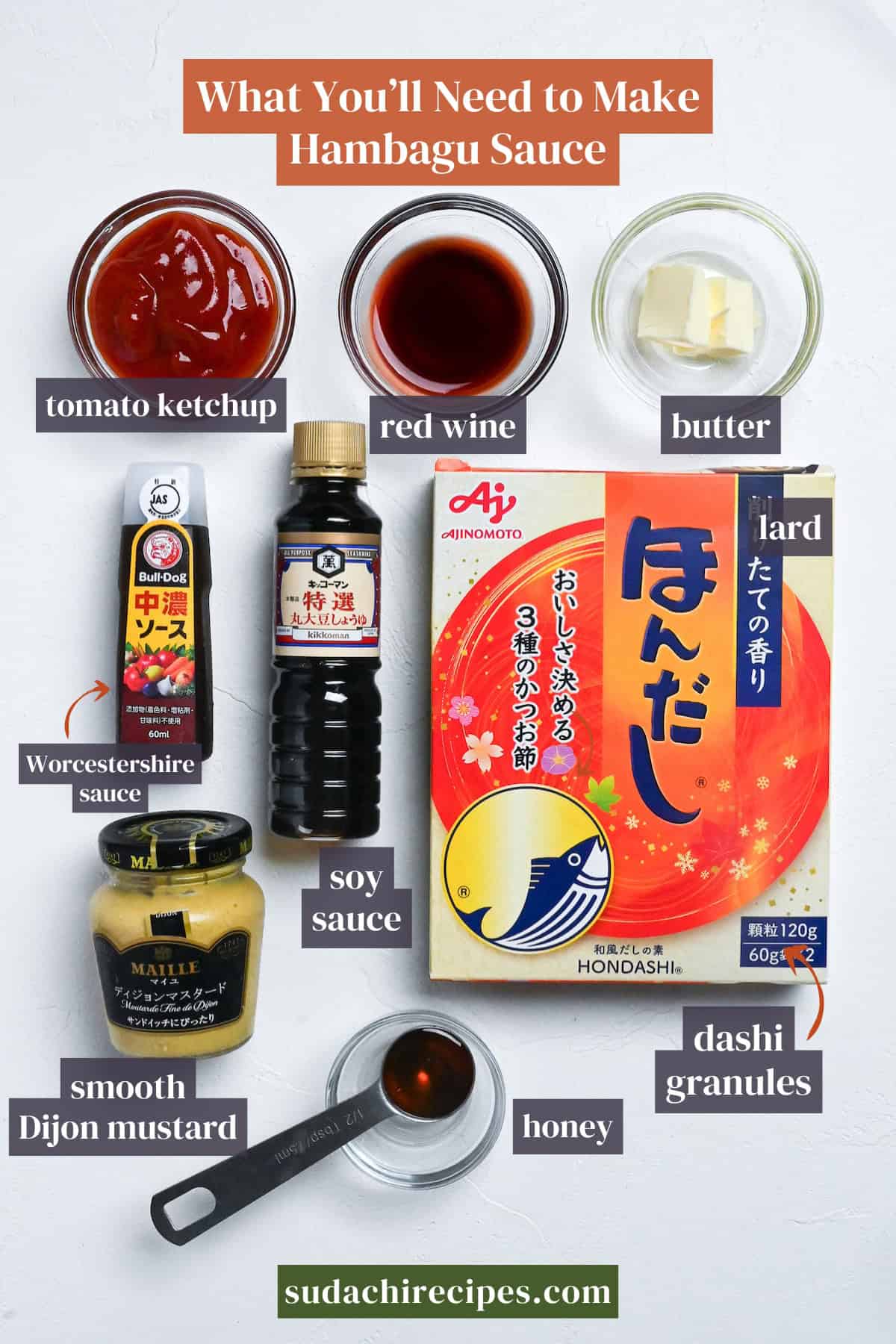 Hamburg sauce ingredients on a white background with labels. From top to bottom, left to right: ketchup, red wine, butter, Worcestershire sauce, soy sauce, Dijon mustard, honey, dashi granules