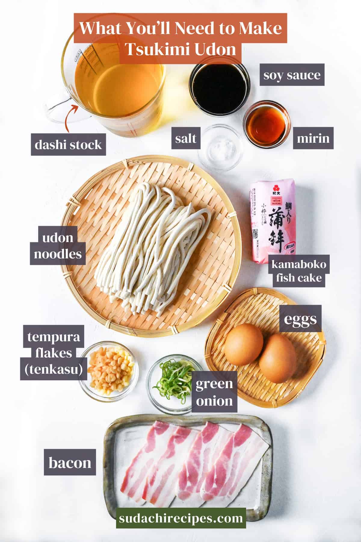 ingredients you will need to make tsukimi udon (egg udon noodle soup) on a white background. From top to bottom, left to right: dashi stock, soy sauce, salt, mirin, udon noodles, kamaboko fish cake, tempura flakes (tenkasu), green onion, eggs, bacon