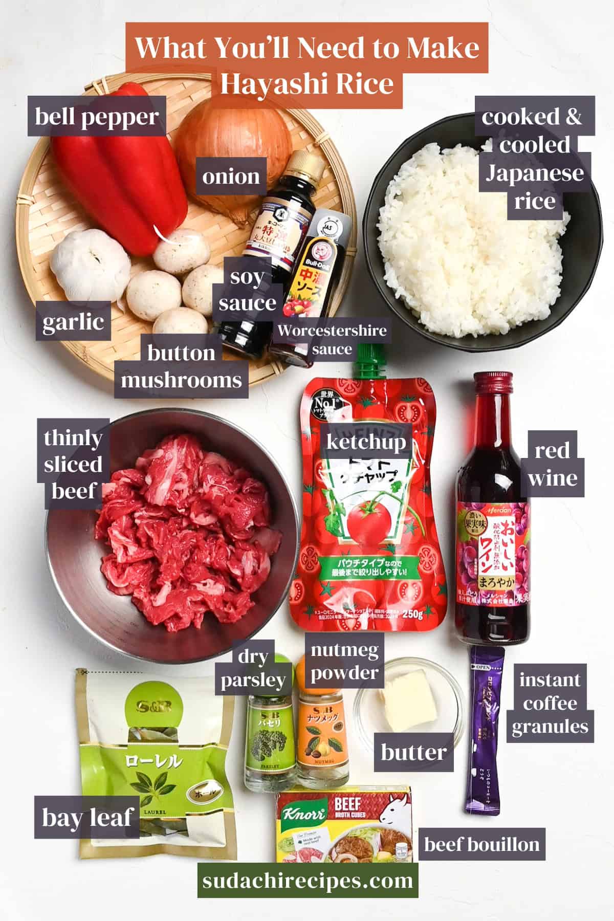 Ingredients needed to make beef hayashi rice. From top to bottom, left to right: bell pepper, onion, cooked rice, garlic, button mushrooms, soy sauce, Worcestershire sauce, thinly sliced beef, ketchup, red wine, dry parsley, nutmeg powder, butter, instant coffee granules, bay leaf, beef bouillon