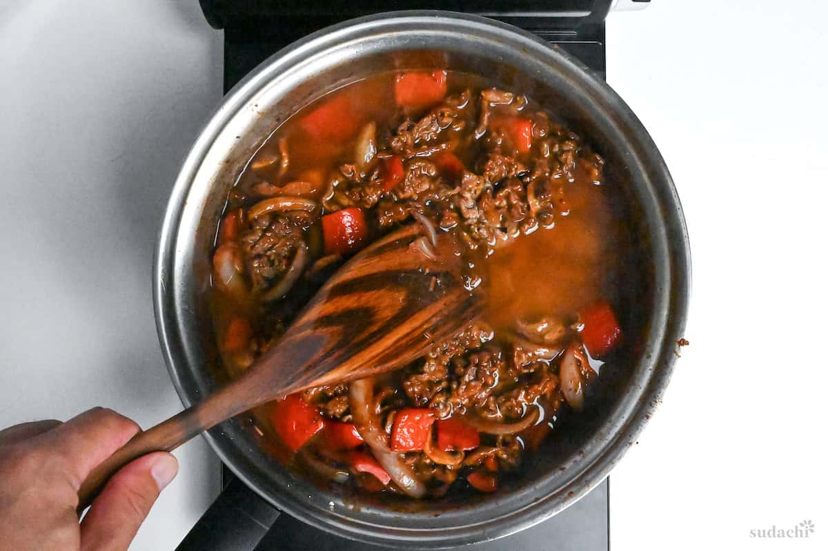 hayashi beef with beef bouillon in a pan