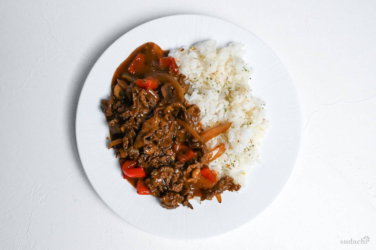 beef hayashi rice on a white plate