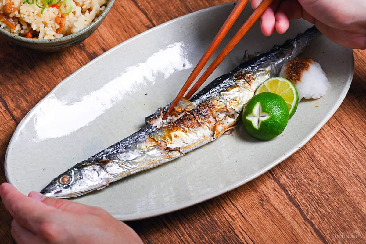 Japanese wooden chopsticks breaking into grilled sanma
