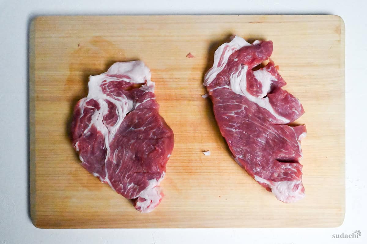 pork shoulder loins with incisions cut to make tonteki Japanese pork steaks