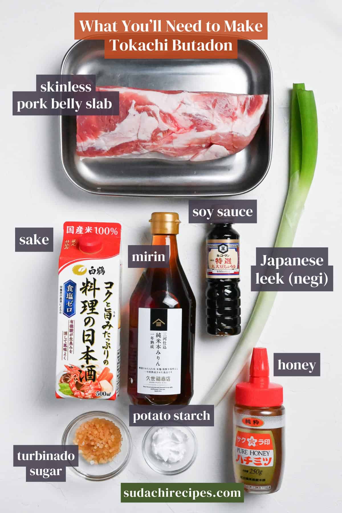 ingredients needed to make tokachi butadon on a white background. From top to bottom, left to right: skinless pork belly slab, sake, mirin, soy sauce, Japanese leek, turbinado sugar, potato starch, honey