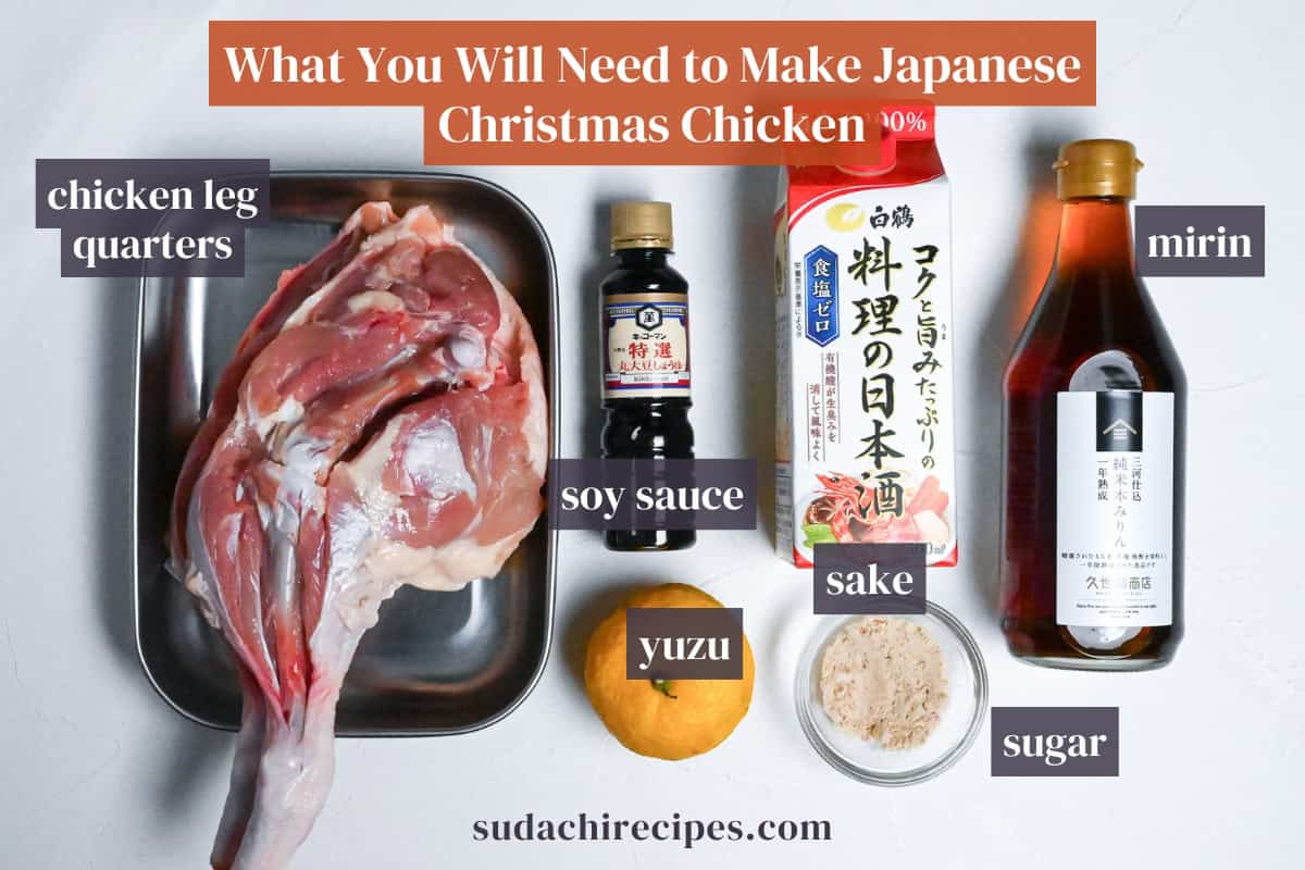 Ingredients needed to make Japanese soy and yuzu glazed chicken leg quarters for Christmas on a white background with labels