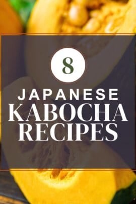 kabocha squash roundup thumbnail with a picture of cut kabocha in the background