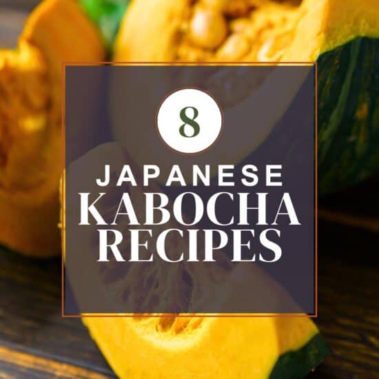 kabocha squash roundup thumbnail with a picture of cut kabocha in the background