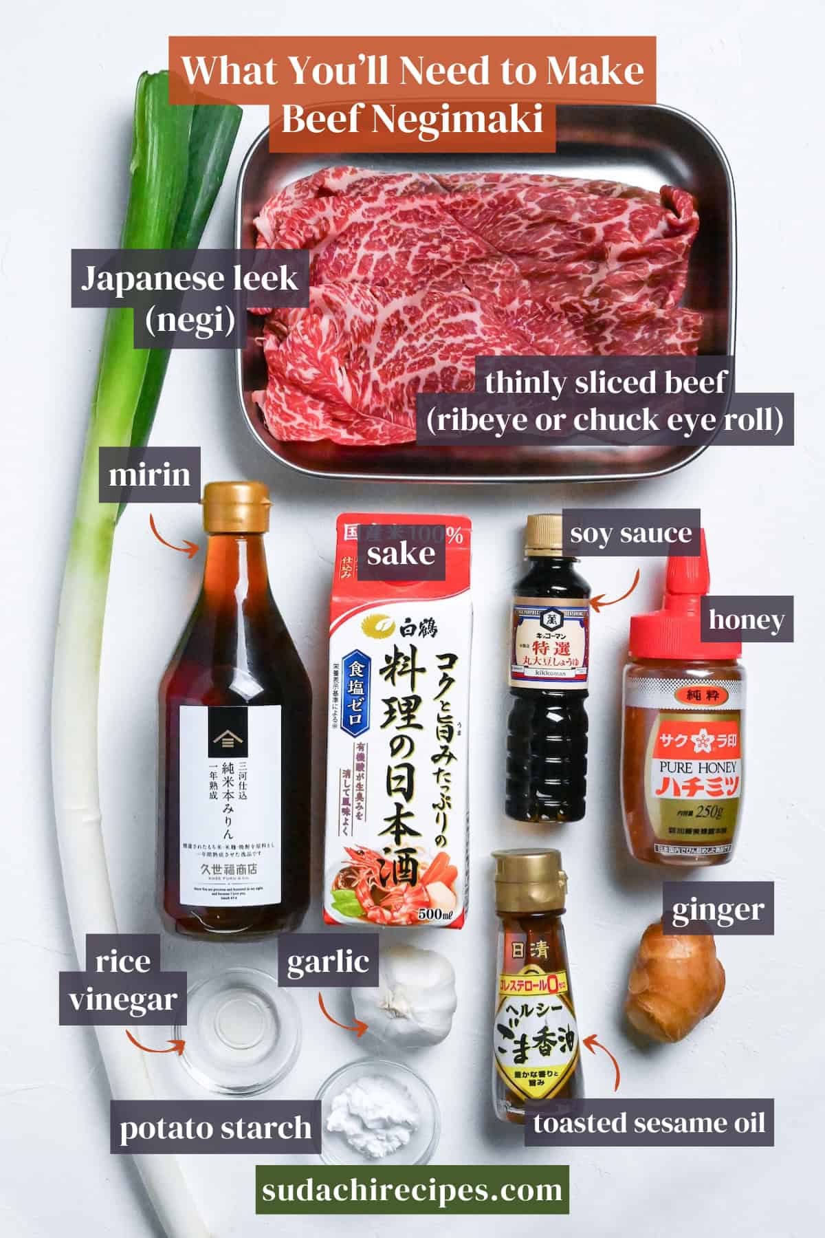 beef negimaki ingredients on a white background with labels