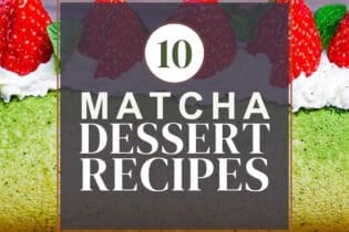 matcha dessert roundup thumbnail with matcha and strawberry roll cake in the background