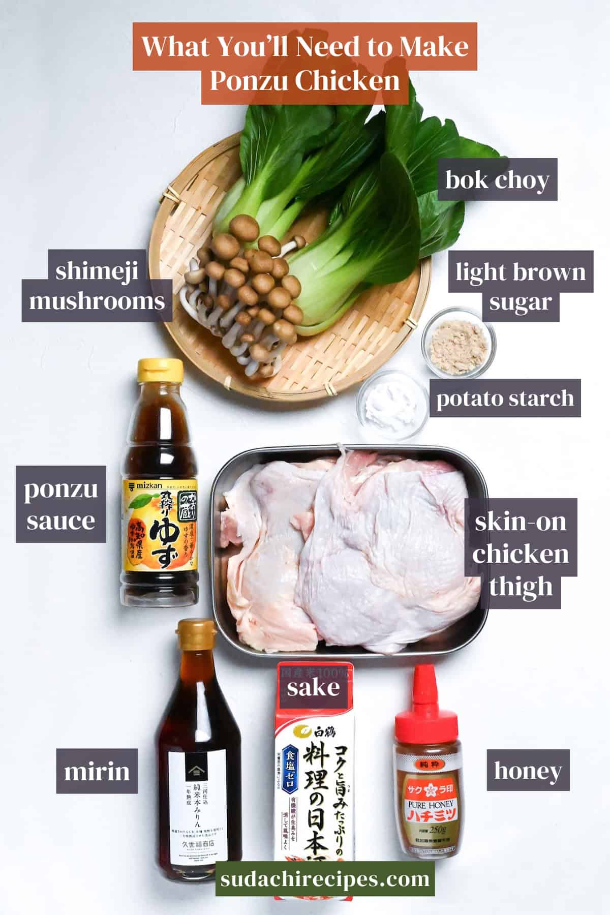 ponzu chicken ingredients on a white background with labels