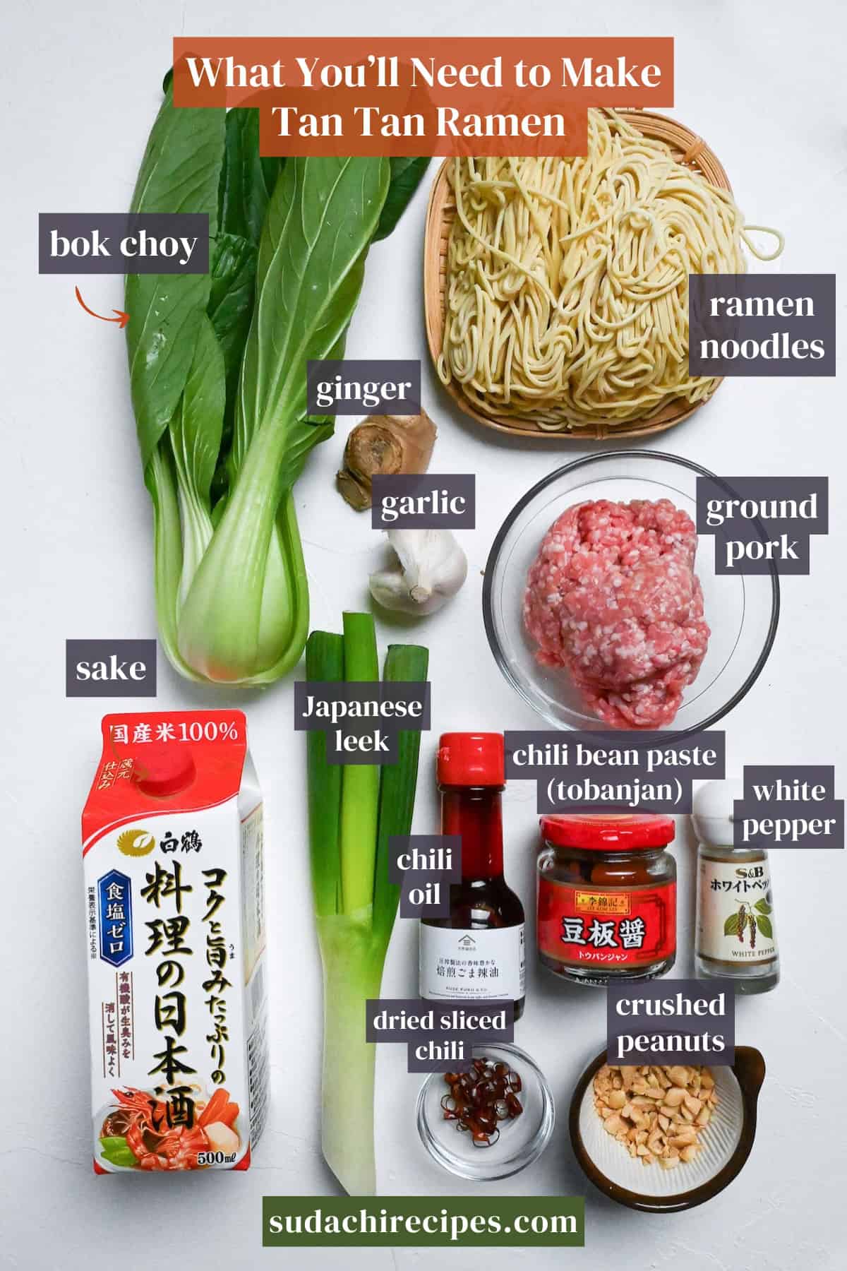 Ingredients needed to make tan tan ramen on a white background with labels.