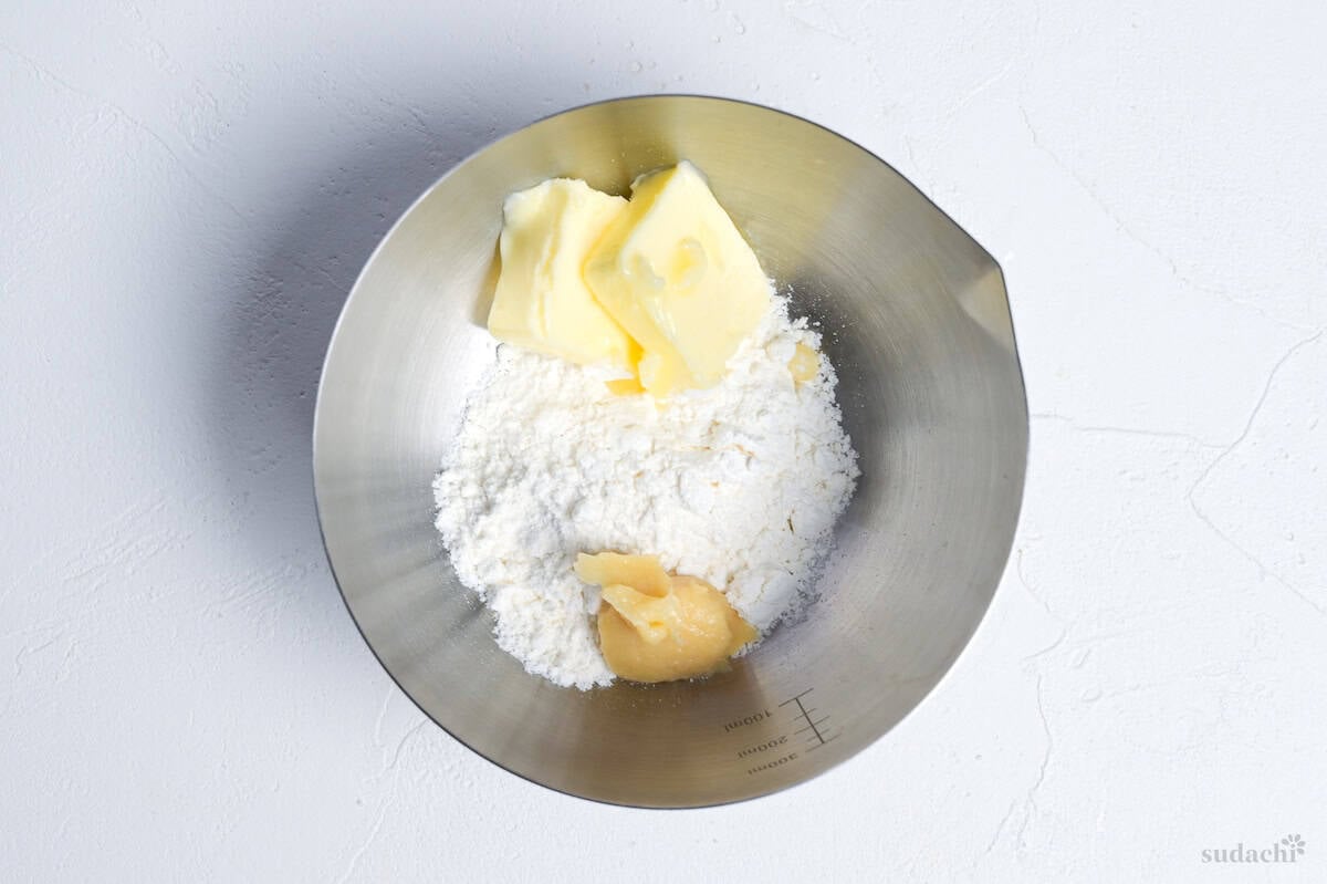 softened butter, flour and white miso in a small steel mixing bowl