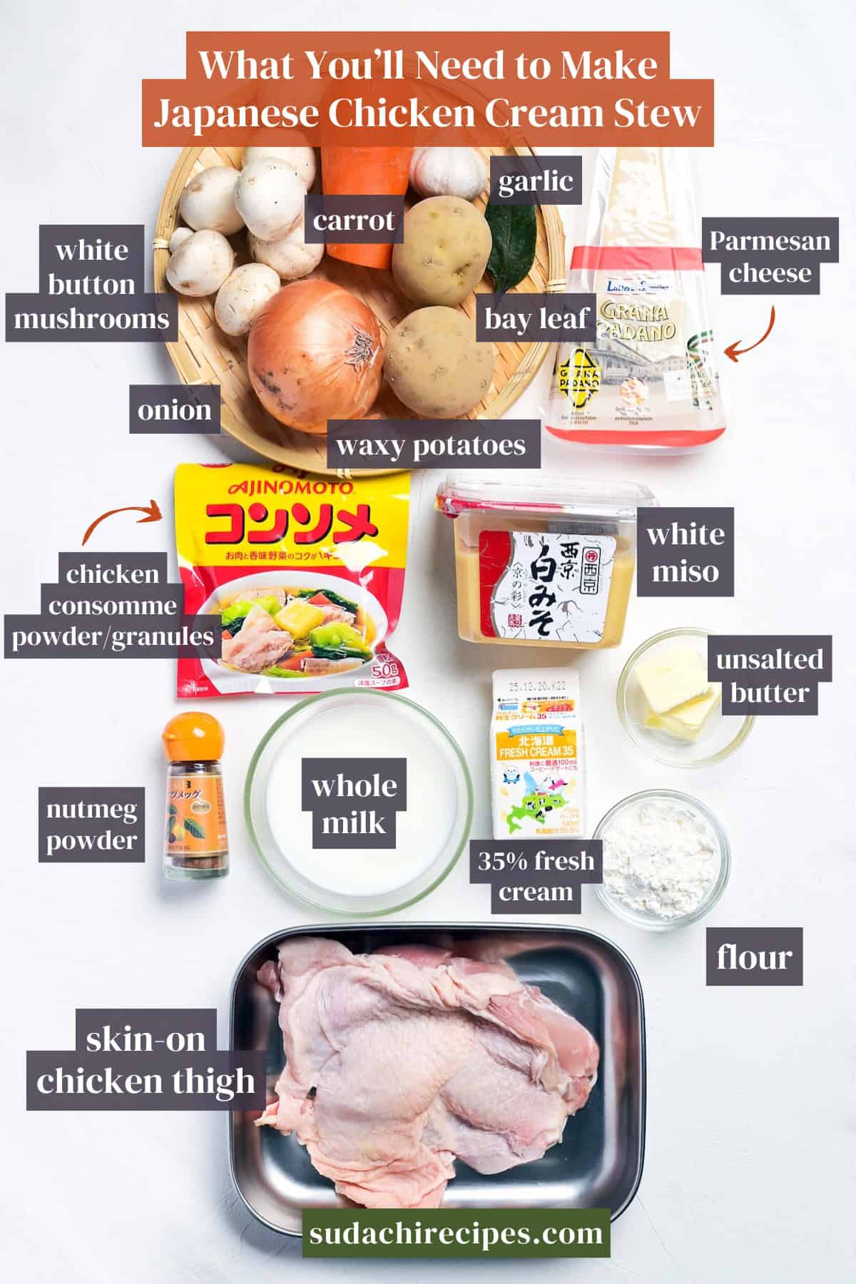 Ingredients you will need to make Japanese chicken cream stew. From top to bottom, left to right: white button mushrooms, carrot, garlic, bay leaf, Parmesan cheese, onion, waxy potatoes, chicken consomme, white miso, unsalted butter, nutmeg powder, whole milk, fresh cream, flour, skin-on-chicken thigh