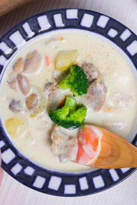Japanese chicken cream stew in a white bowl with blue and white block patterned rim, with a wooden spoon lifting a scoop with chicken and carrot