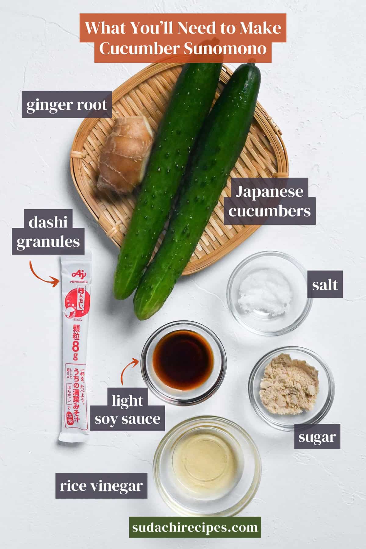 Ingredients needed to make cucumber sunomono with ginger on a white background with labels. From top to bottom, left to right: ginger root, Japanese cucumber, dashi granules, salt, light soy sauce, sugar, rice vinegar