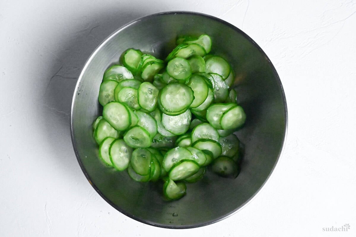 Squeezed Japanese cucumber slices in a bowl