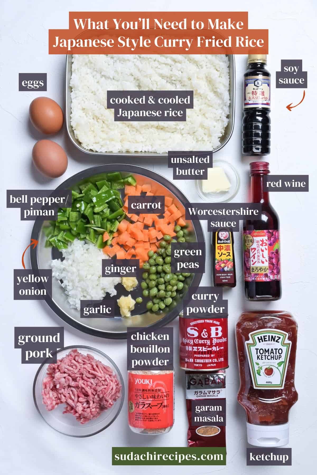 Ingredients needed to make Japanese style curry fried rice. From top to bottom, left to right: eggs, cooked and cooled Japanese rice, soy sauce, bell peppers, carrot, Worcestershire sauce, red wine, yellow onions, ginger, green peas, garlic, curry powder, ground pork, chicken bouillon powder, garam masala, tomato ketchup