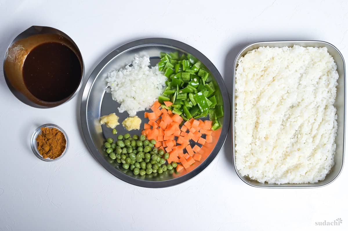 Mise en place for Japanese style curry fried rice