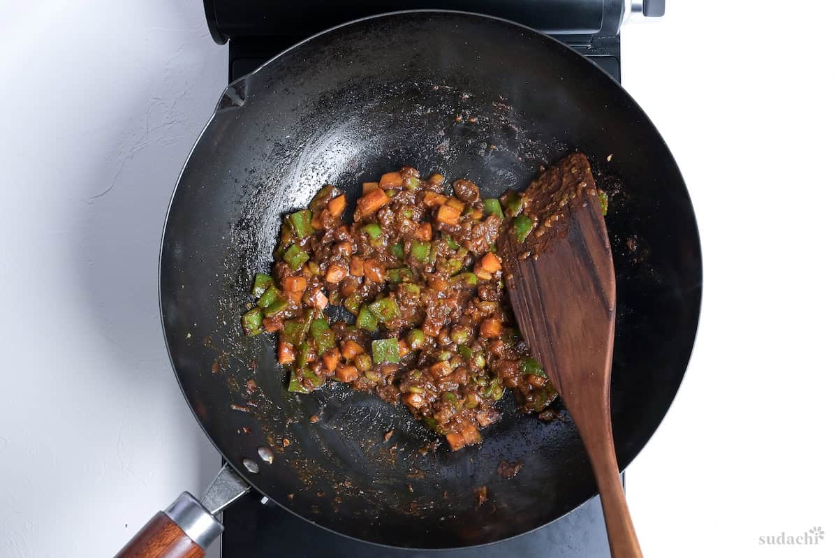 Base of Japanese curry fried rice in a wok