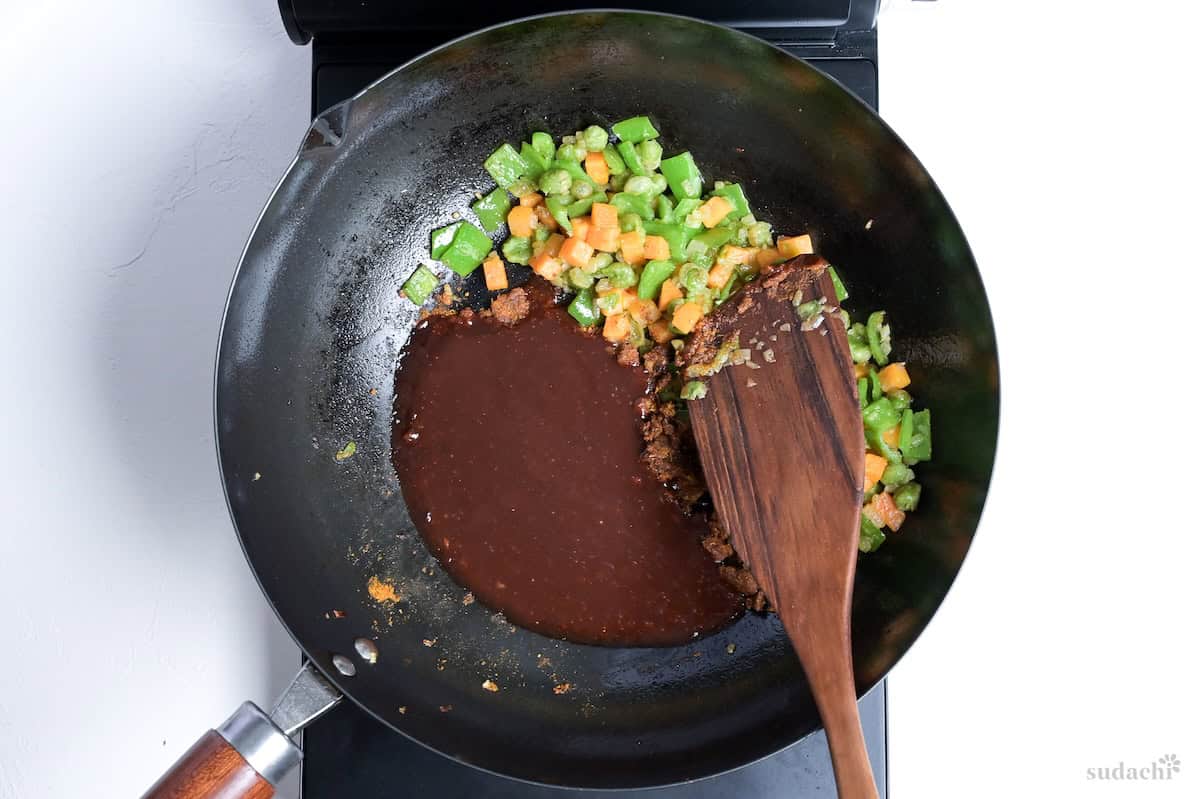 Condiments added to the wok for making Japanese style fried curry rice