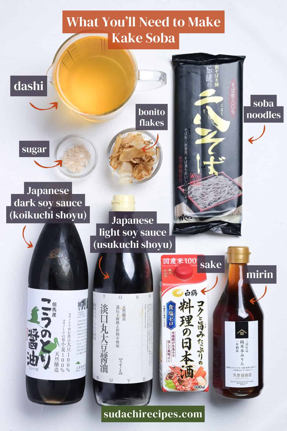 Ingredients you will need to make kake soba noodle soup. From top to bottom, left to right: dashi, sugar, bonito flakes, soba noodles, Japanese dark soy sauce, Japanese light soy sauce, sake, mirin