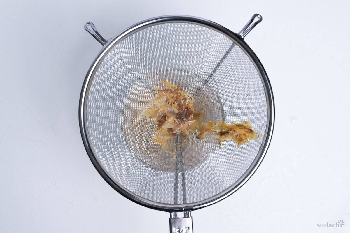dashi strained through a fine mesh sieve to remove bonito flakes (katsuobushi)