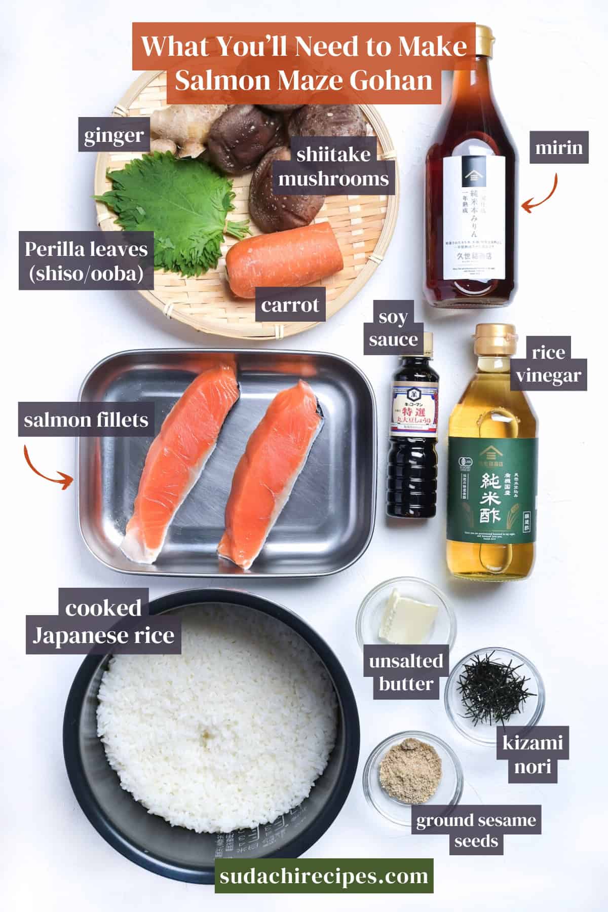 Ingredients needed to make salmon maze gohan on a white background. From top to bottom, left to right: ginger, shiitake mushrooms, mirin, perilla leaves, carrot, salmon fillets, soy sauce, rice vinegar, cooked Japanese rice, unsalted butter, kizami nori and ground sesame seeds