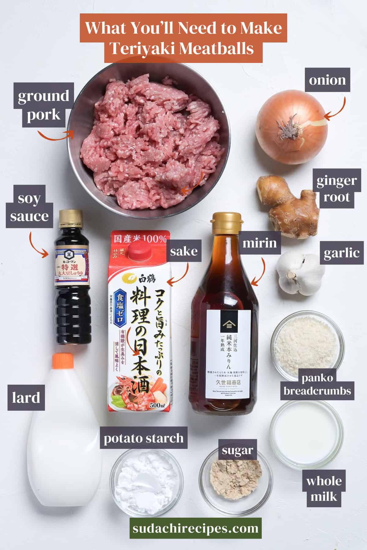 Ingredients needed to make teriyaki meatballs. From top to bottom, left to right: ground pork, onion, soy sauce, ginger root, sake, mirin, garlic, lard, potato starch, sugar, whole milk