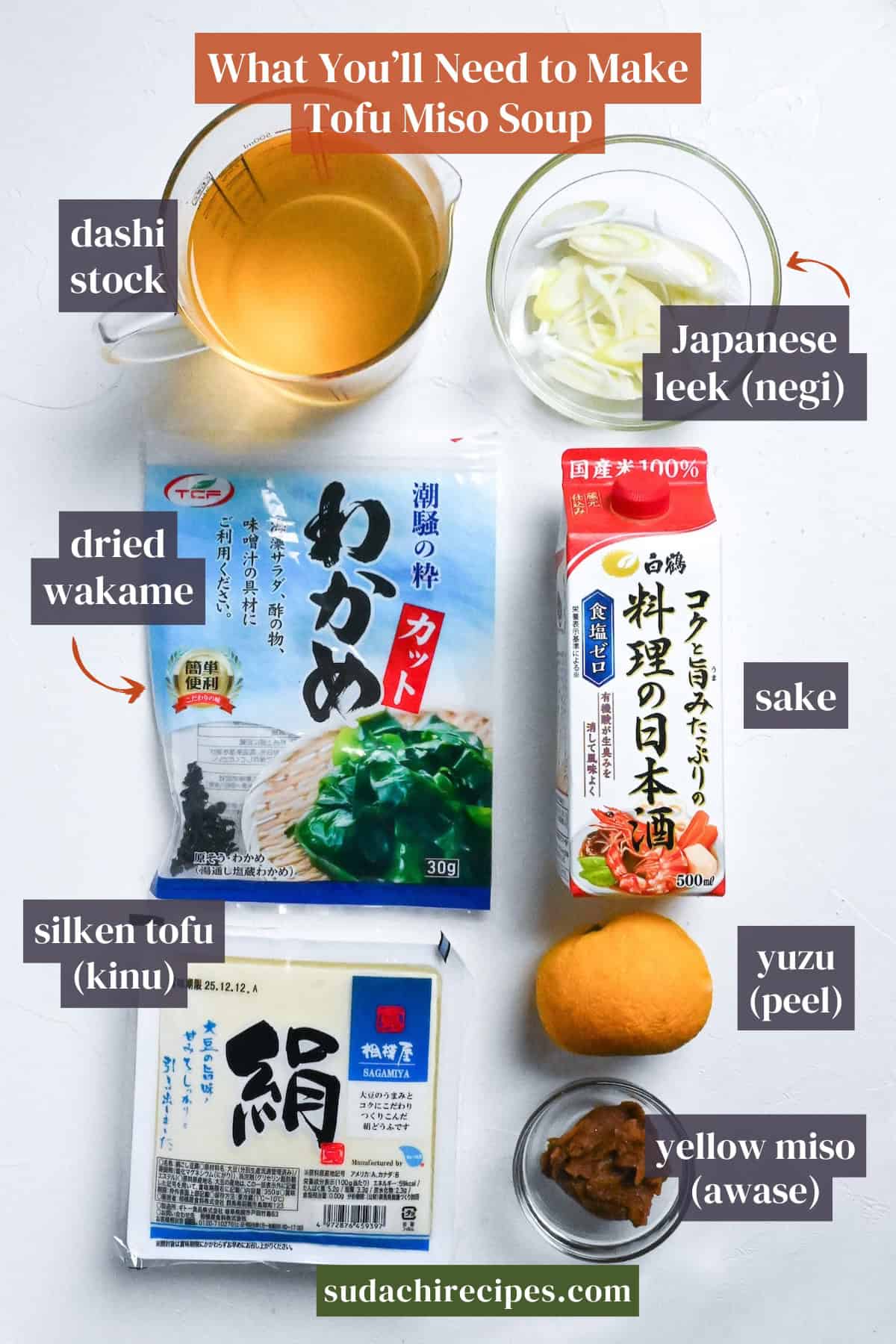 Tofu Miso Soup Ingredients on a white background with labels. From top to bottom, left to right: dashi stock, Japanese leek, dried wakame, sake, silken tofu, yuzu and yellow miso (awase)