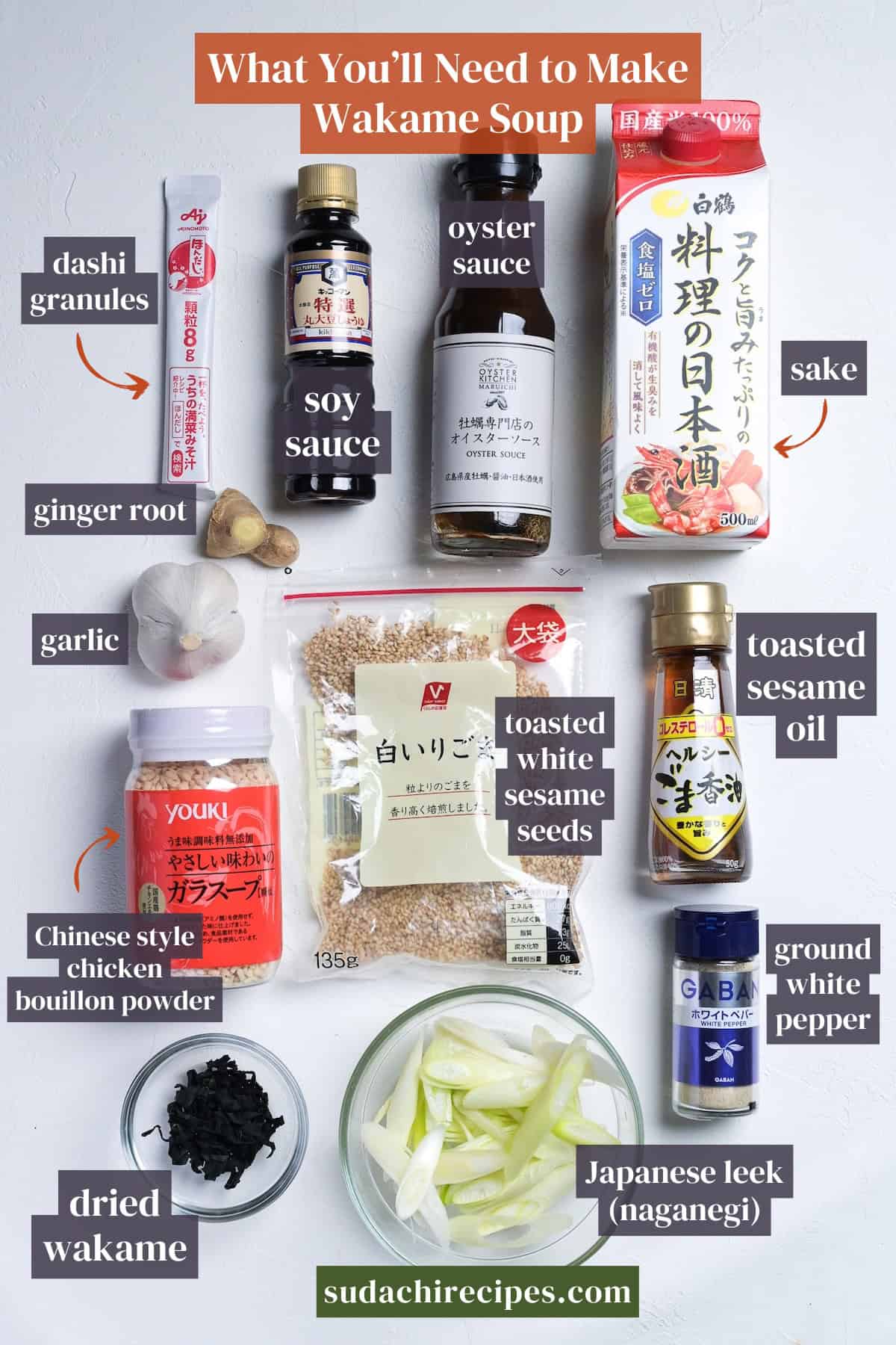 Ingredients needed to make wakame soup. From top to bottom, left to right: dashi granules, soy sauce, oyster sauce, sake, ginger root, garlic, toasted sesame oil, toasted white sesame seeds, Chinese style chicken bouillon powder, ground white pepper, dried wakame, Japanese leek (naganegi)