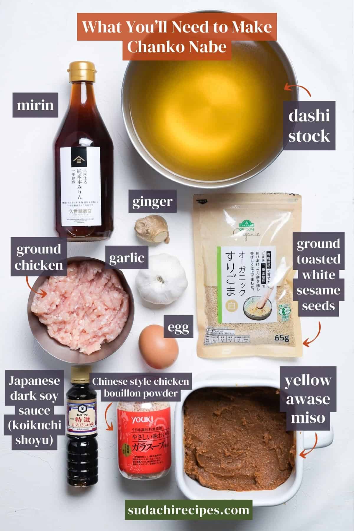 Ingredients you will need to make chanko nabe. From top to bottom, left to right: mirin, dashi stock, ginger, ground chicken, garlic, ground toasted white sesame seeds, egg, Japanese dark soy sauce, chicken bouillon powder, and yellow awase miso.