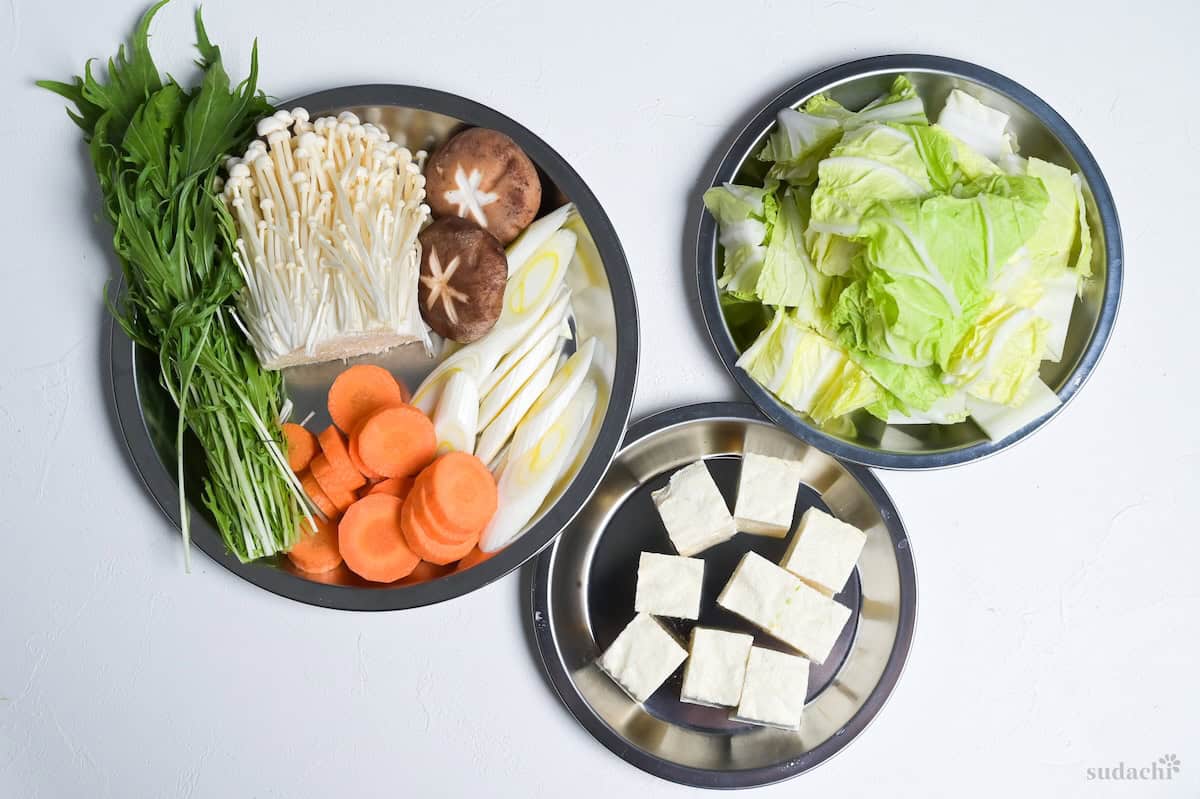 Prepared ingredients (vegetables and tofu) for chanko nabe
