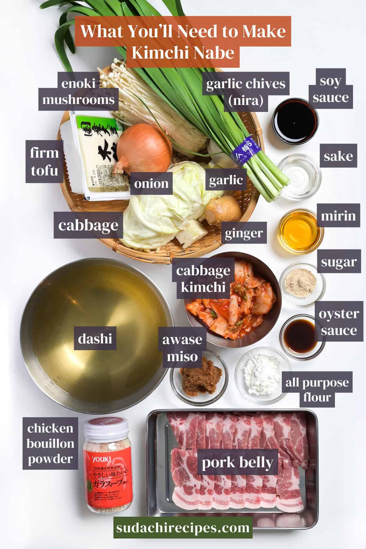 Ingredients you will need to make kimchi nabe. From top to bottom, left to right: enoki mushrooms, garlic chives, soy sauce, firm tofu, onion, garlic, sake, cabbage, ginger, mirin, cabbage kimchi, sugar, dashi, awase miso, oyster sauce, all purpose flour, chicken bouillon powder, pork belly.