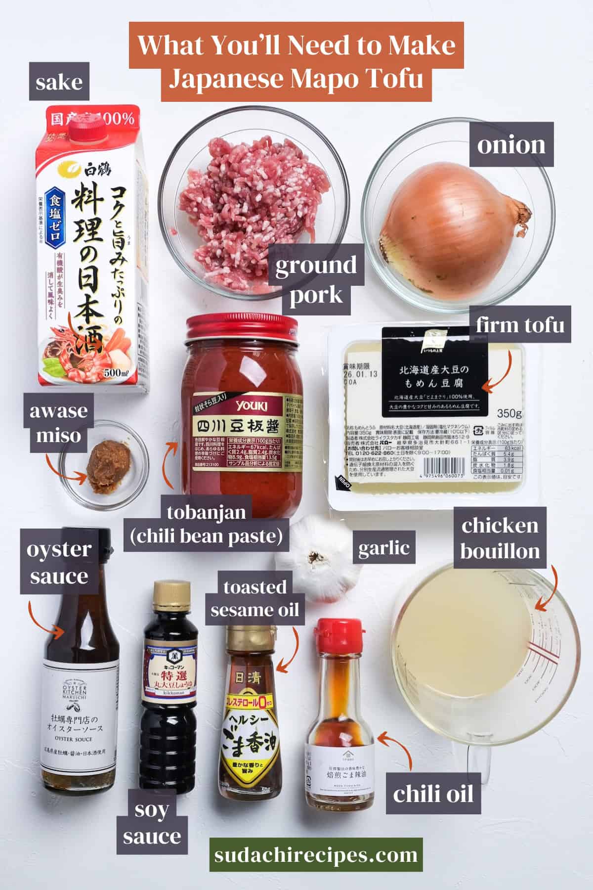 Ingredients needed to make Japanese mapo tofu. From top to bottom, left to right: sake, ground pork, onion, awase miso, tobanjan, firm tofu, oyster sauce, soy sauce, toasted sesame oil, chili oil, chicken bouillon