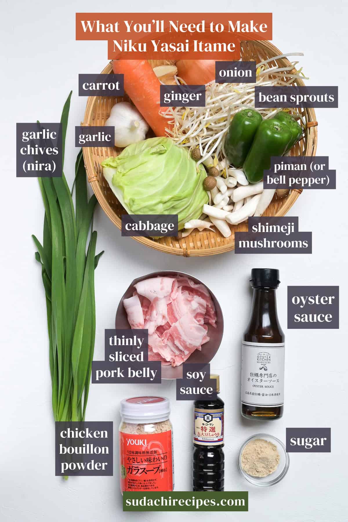 Ingredients you will need to make Niku Yasai Itame. From top to bottom, left to right: carrot, ginger, onion, bean sprouts, garlic chives, garlic, piman/bell pepper, cabbage, shimeji mushrooms, thinly sliced pork belly, oyster sauce, soy sauce, chicken bouillon powder, sugar.