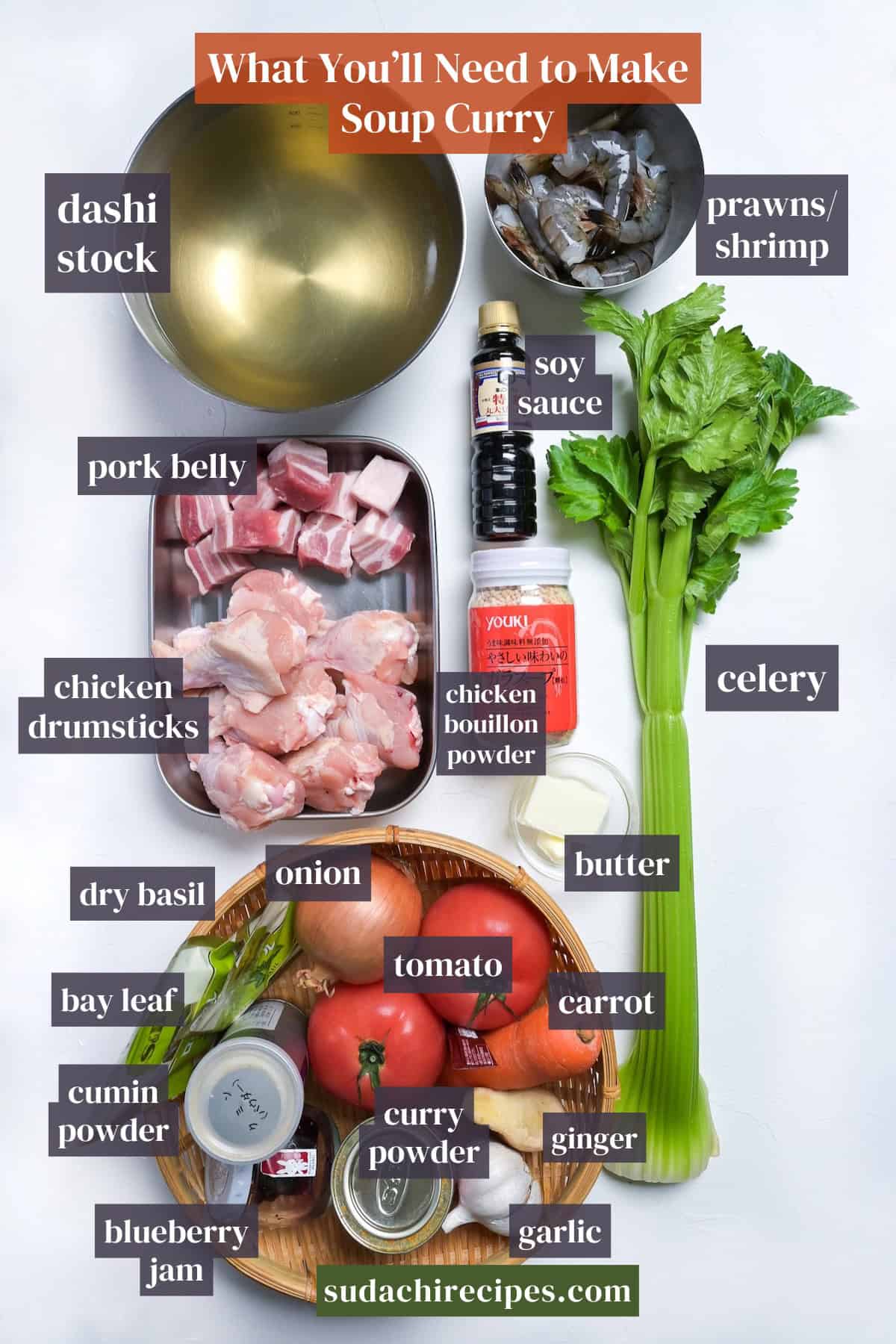 Ingredients needed to make Japanese soup curry on a white background.