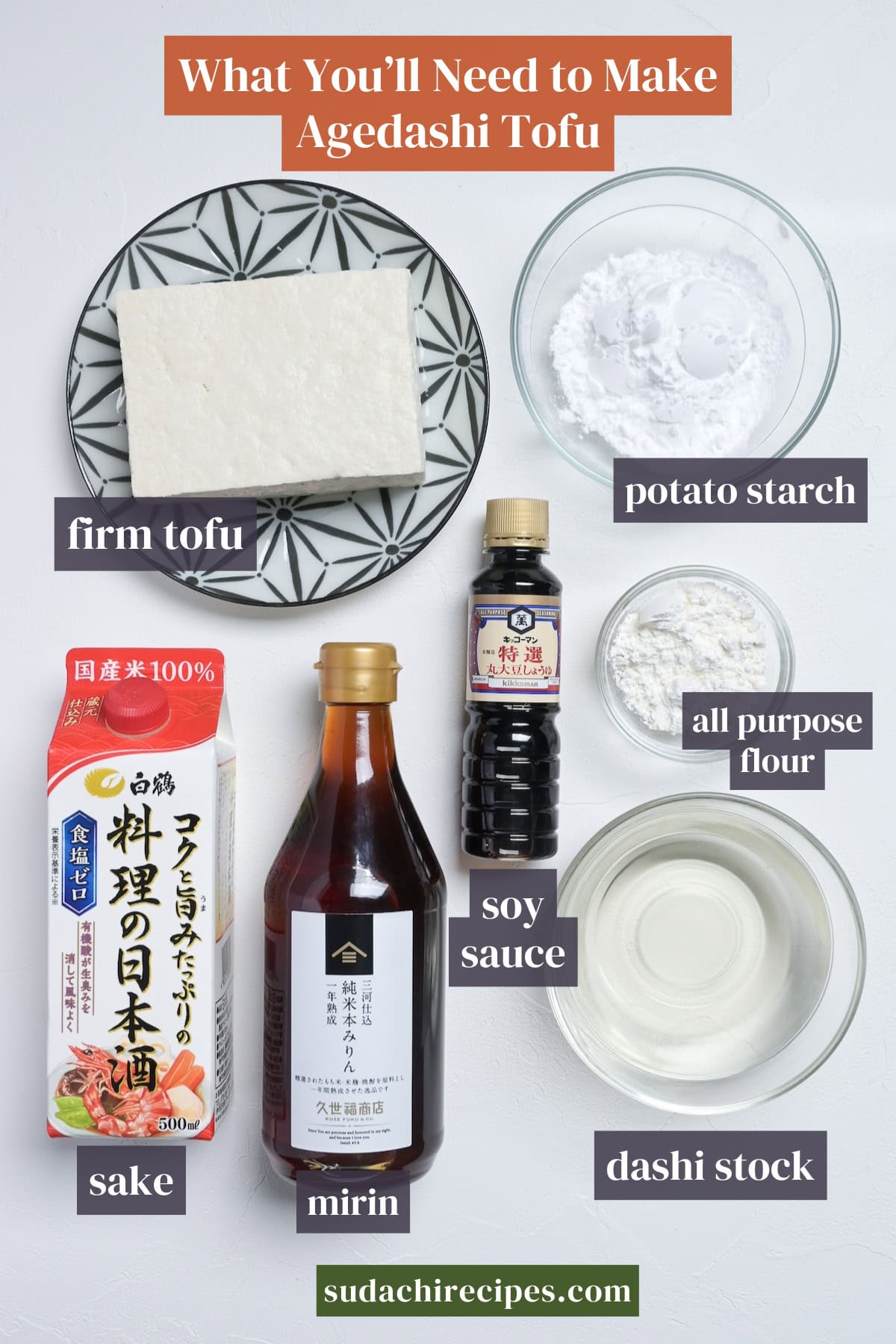 Ingredients needed to make agedashi tofu on a white background with labels. From top to bottom, left to right: firm tofu, potato starch, sake, mirin, soy sauce, all purpose flour, dashi stock