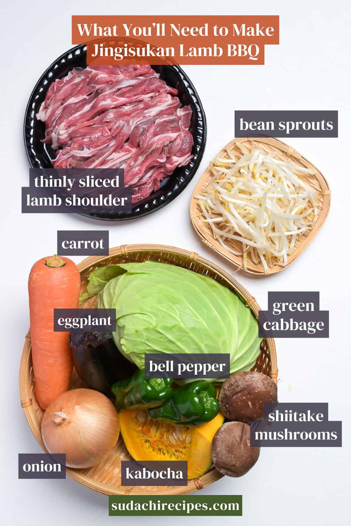 Ingredients needed to make Jingisukan on a white background. From top to bottom, left to right: bean sprouts, thinly sliced lamb shoulder, carrot, eggplant, green cabbage, bell pepper, onion, kabocha, shiitake mushrooms