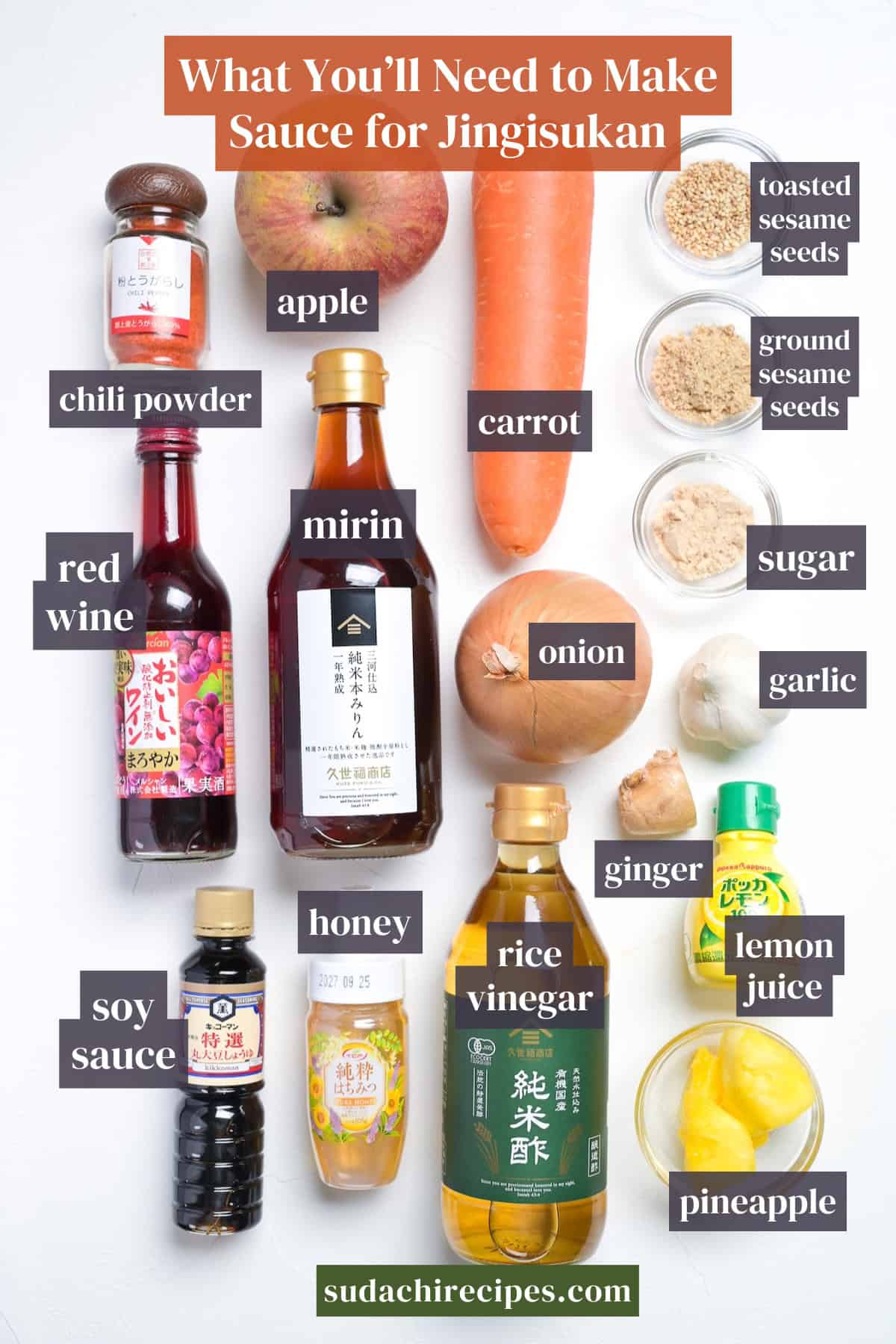 Jingisukan sauce ingredients on a white background with labels. From top to bottom, left to right: apple, toasted sesame seeds, chili powder, carrot, ground sesame seeds, red wine, mirin, sugar, onion, garlic, soy sauce, honey, rice vinegar, ginger, lemon juice, pineapple.