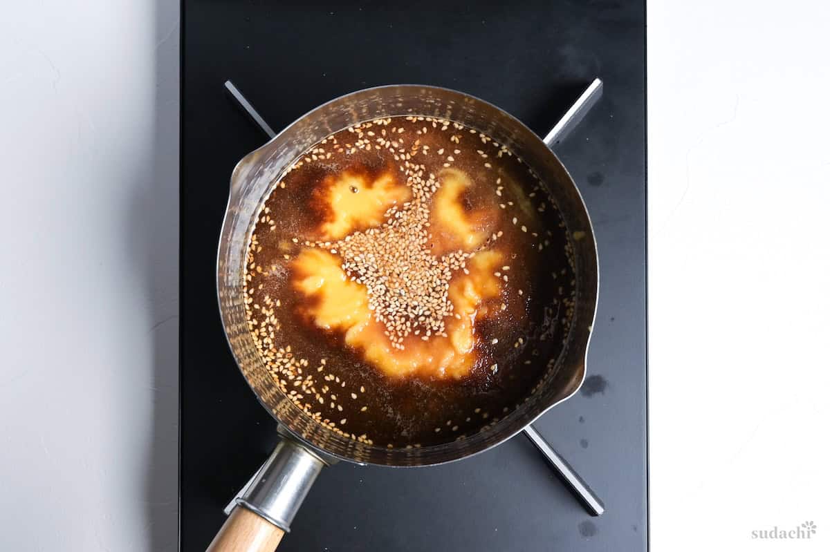 Jingisukan sauce ingredients in a pan on the stove top