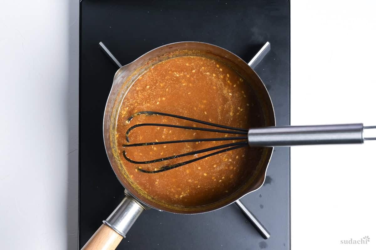 Jingisukan sauce in a pan on the stove top