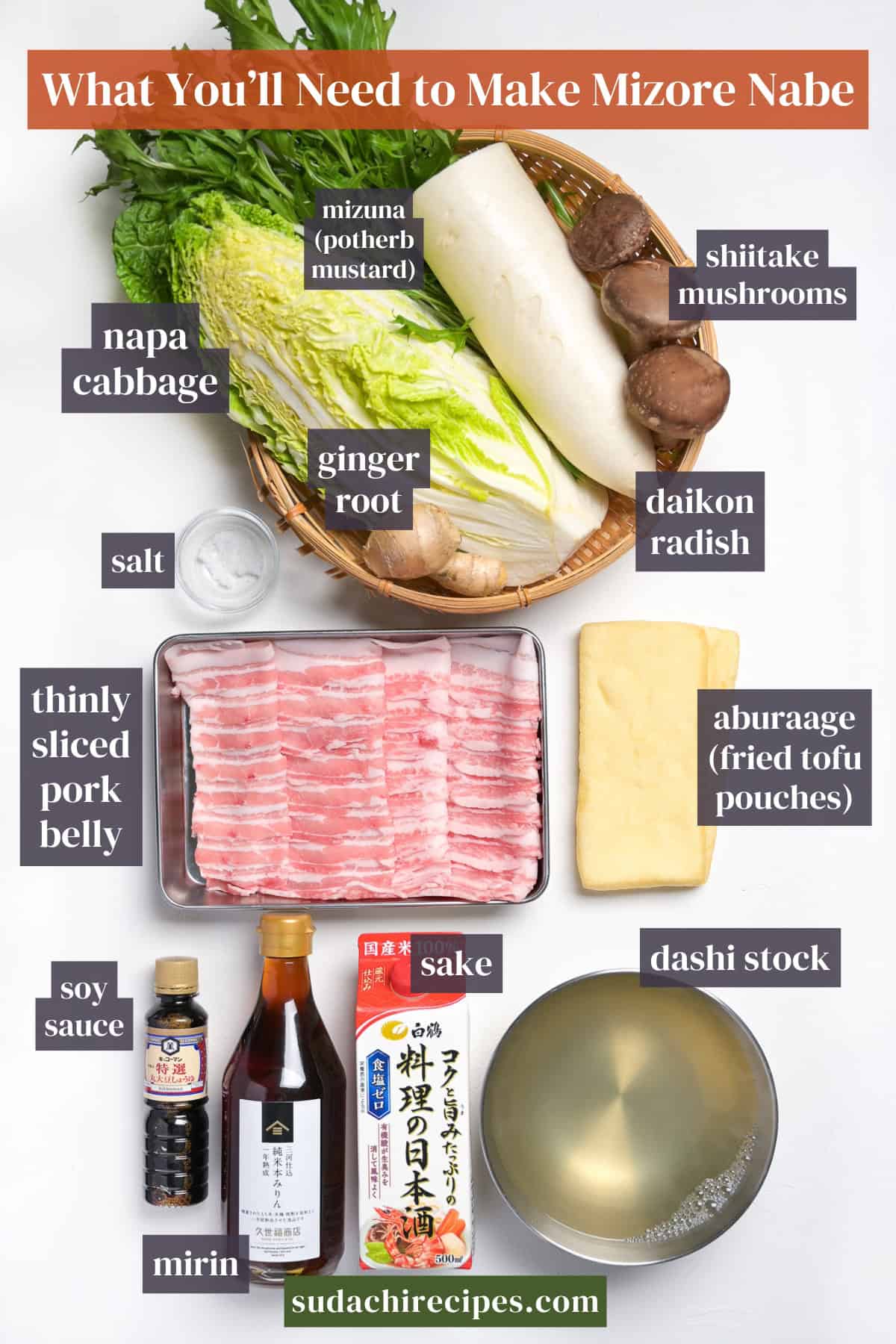 What you will need to make mizore nabe on a white background with labels. From top to bottom, left to right: mizuna, shiitake mushrooms, napa cabbage, ginger root, daikon radish, salt, thinly sliced pork belly, aburaage, soy sauce, mirin, sake, and dashi stock.