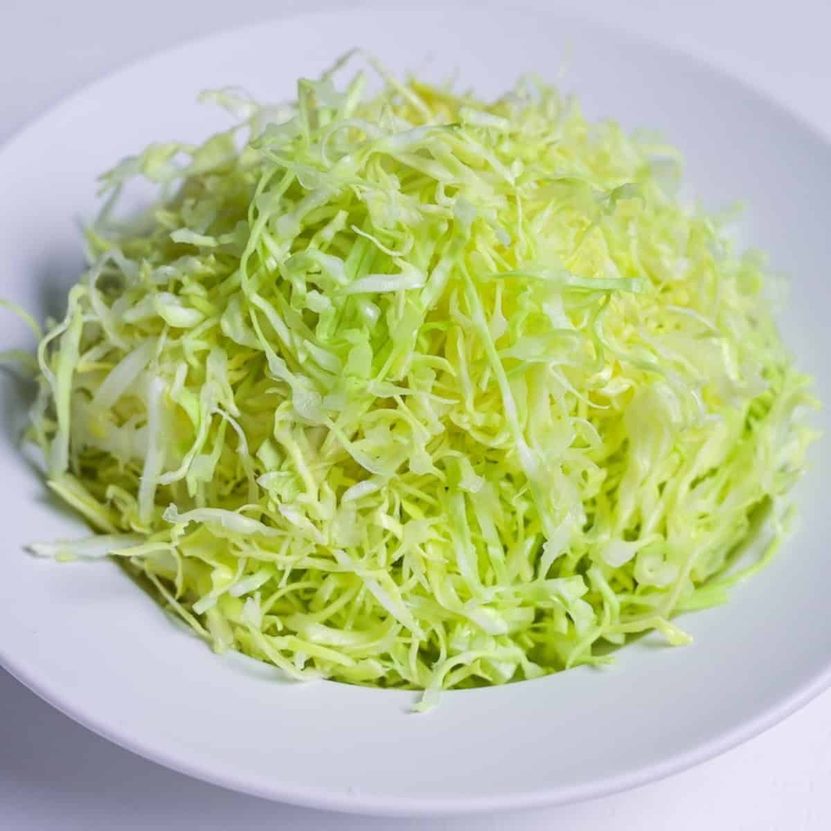 Shredded green cabbage in a white dish on a white background