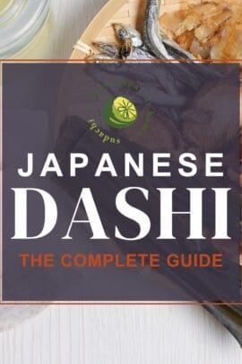 The Complete Dashi Guide thumbnail with dashi ingredients, dashi packets and extracted dashi in a jar
