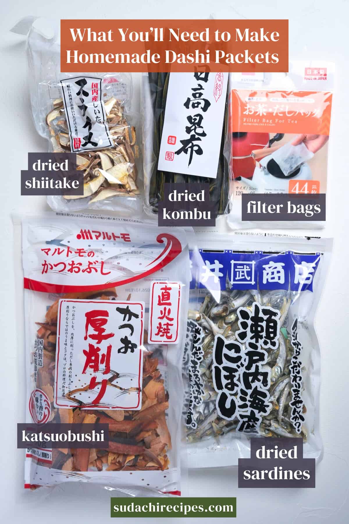 Ingredients needed to make homemade dashi packet. From top to bottom, left to right: dried shiitake, dried kombu, filter bags, katsuobushi, and dried sardines.