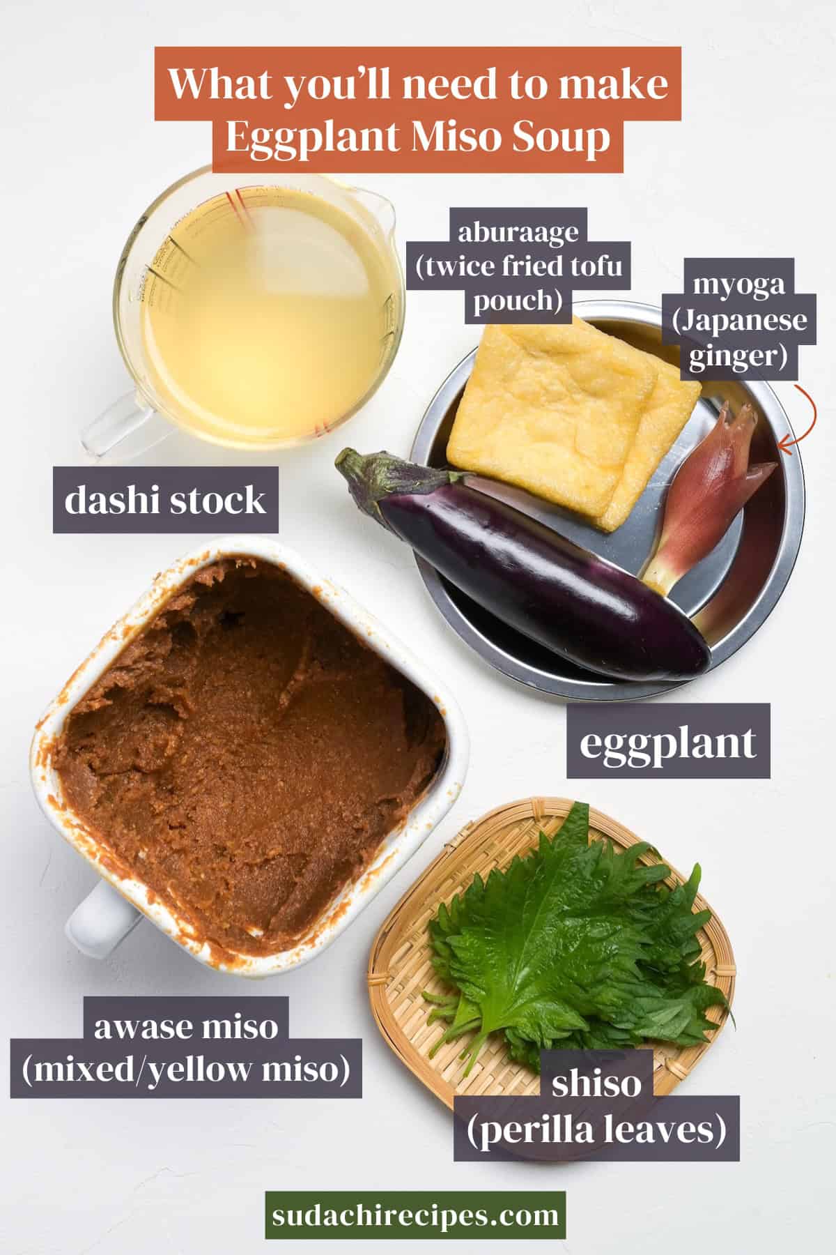 Ingredients needed to make eggplant miso soup on a white background with labels. From top to bottom, left to right: aburaage, myoga, dashi stock, eggplant, awase miso, shiso leaves.