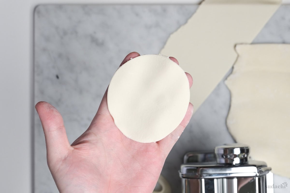 a hand holding up a handmade gyoza wrapper